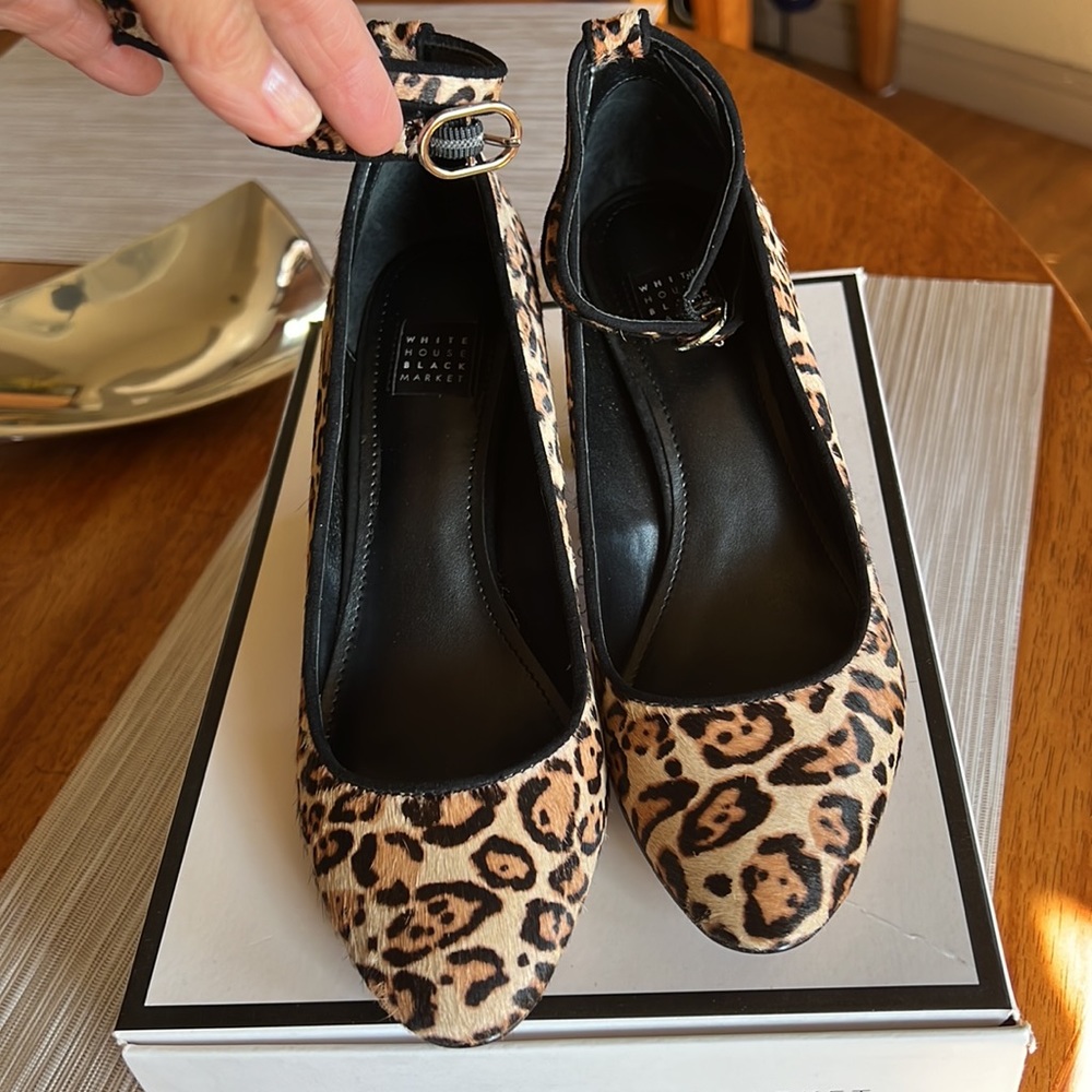White House Black Market Leopard heels with ankle strap. - Picture 2 of 6
